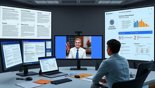 A digital workspace with multiple screens displaying policy analysis reports, legislative documents, and stakeholder feedback, with a virtual policy advisor engaging in a video conference with government officials, symbolizing informed decision-making and strategic counsel.
