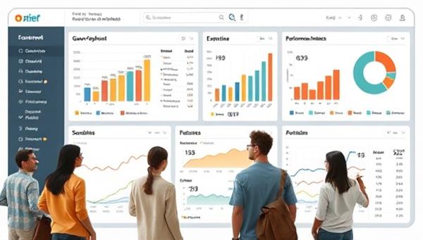 An interactive data visualization dashboard displaying government expenditure charts, performance metrics, and public records access, with diverse citizens exploring the platform