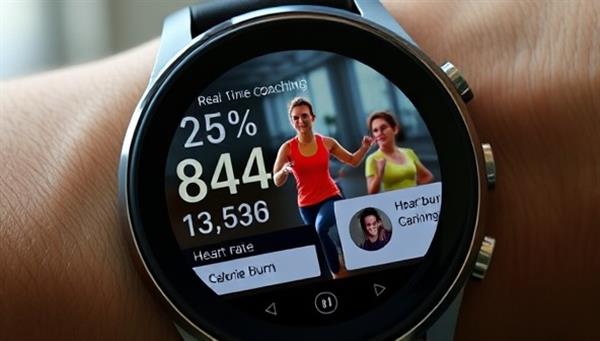 A dynamic workout scene depicted on a smartwatch display, showing a user receiving real-time coaching feedback during a high-intensity interval training session, heart rate data and calorie burn metrics visible, with motivational messages and workout animations enhancing the exercise experience, capturing the essence of FitSync