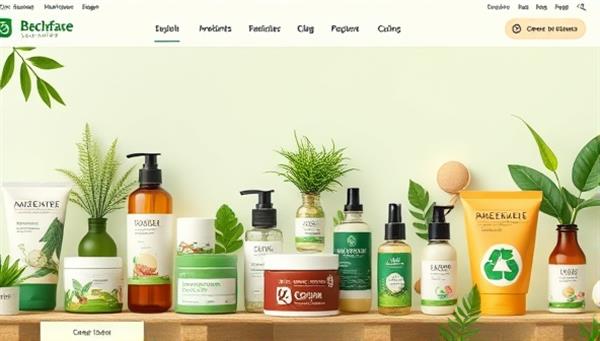 An eco-friendly and visually appealing digital marketplace interface showcasing an array of sustainable beauty products, natural ingredients, recyclable packaging, and green beauty icons, promoting a conscious and ethical shopping experience.