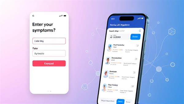 An engaging app interface showcasing a user entering symptoms, with AI algorithms processing the data in the background and generating a personalized health report, illustrating the app