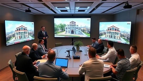 A virtual conference room setting with diverse avatars of real estate investors engaging in discussions, sharing insights, and collaborating on digital screens, portraying a dynamic and interactive online real estate investment community.
