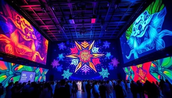 An event venue transformed by projection mapping with vibrant digital art projected onto its walls, ceilings, and floors, creating an immersive and enchanting environment for attendees, highlighting the transformative and experiential nature of live projection mapping events.