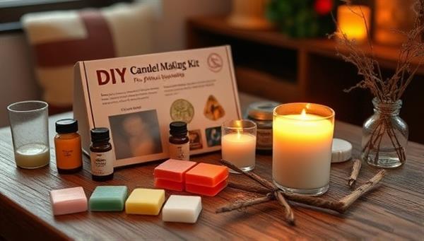 A cozy and inviting scene featuring a DIY candle making kit with various wax colors, fragrance bottles, and decorative elements laid out on a wooden table, accompanied by a lit candle showcasing the craft