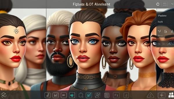 An artistic rendering of a diverse group of digital avatars with intricate details and customizable features, displayed on a digital platform interface with advanced editing tools, highlighting the creativity and personalization options available.
