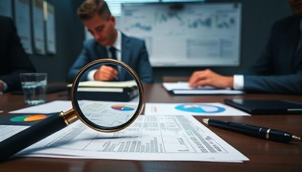 An investigative office setup with magnifying glasses, financial documents under scrutiny, and forensic accountants analyzing data with a keen eye for detail, symbolizing the precision and thoroughness of ForensicAudit Prodigy in uncovering financial irregularities.