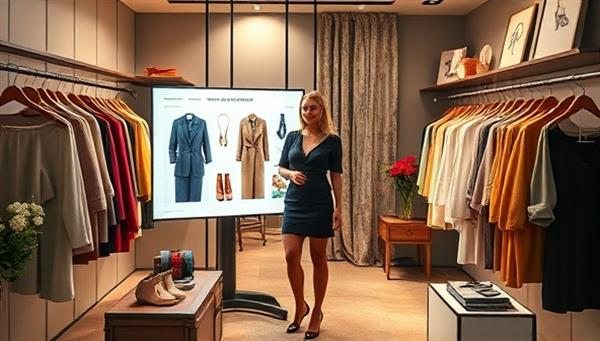 A chic and stylish virtual styling session scene with a fashion consultant showcasing outfit options on a digital screen, surrounded by racks of clothing, accessories, and style inspiration boards, evoking a sense of luxury and sophistication.