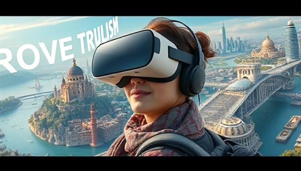 A captivating digital visualization featuring a traveler wearing a VR headset and exploring a virtual world filled with iconic landmarks, natural wonders, and cultural sites, evoking a sense of wanderlust and adventure through immersive virtual tourism experiences.