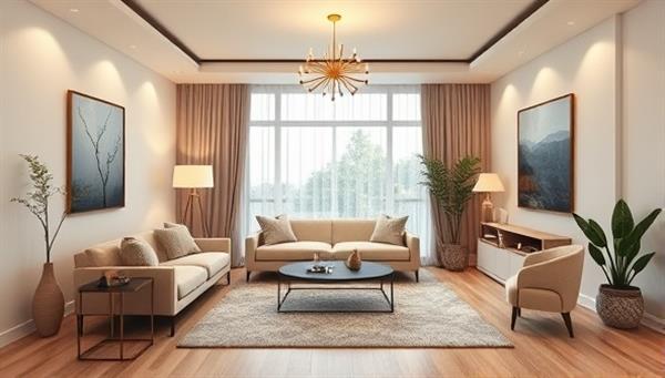 An elegant virtual room design showcasing a cozy living space with modern furniture, decorative elements, and a soothing color palette, conveying a sense of style and comfort.