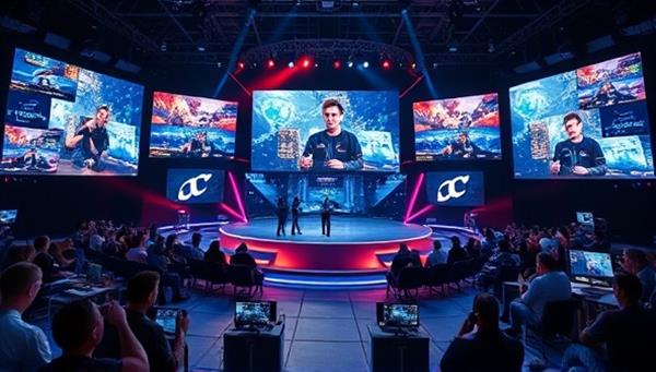 An exciting visual of a virtual gaming event stage with multiple screens showcasing live gameplay, virtual audience interactions, and e-sports competitions, capturing the dynamic and engaging atmosphere of a global game fest.