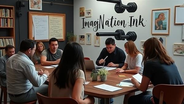An interactive storytelling workshop environment on ImagiNation Ink featuring participants engrossed in writing activities, sharing ideas, and receiving feedback from professional writers, fostering a creative and collaborative space for storytelling enthusiasts.