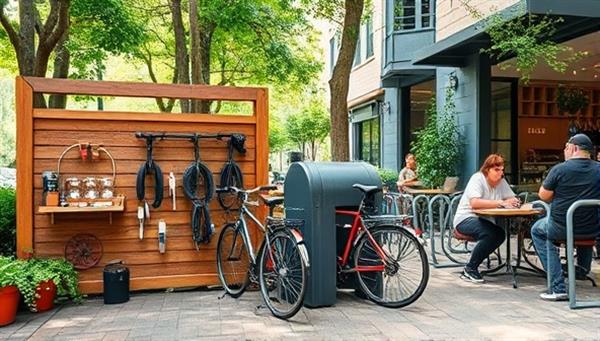 An inviting outdoor space with a trendy bicycle repair station adjacent to a cozy cafe setting with patrons enjoying coffee and pastries, surrounded by lush greenery and bike racks, promoting a harmonious blend of sustainability and relaxation.