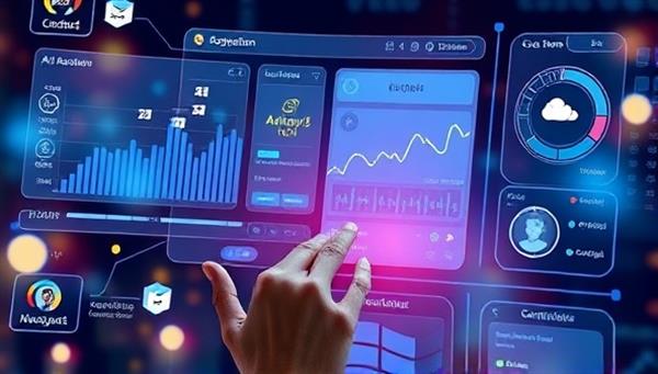 An artistic representation of a futuristic AI assistant interface, displaying financial data and interactive tools, with a user engaging with the AI assistant on a smartphone or tablet, showcasing the seamless and user-friendly nature of the platform.