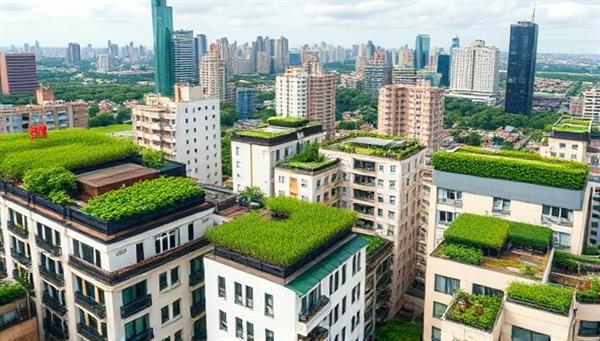 An urban skyline with lush green rooftop gardens thriving on various buildings, illustrating the potential for sustainable food production and green spaces in city environments, inspiring urban development with a touch of nature.