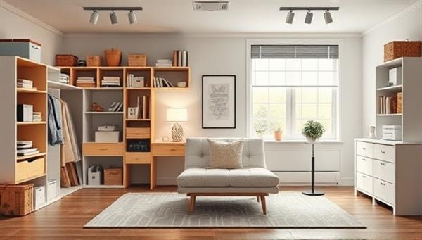 A digital room layout design showcasing a cluttered space transformed into a organized and stylish room with labeled storage solutions, inspiring a sense of clarity and calm in the home environment.