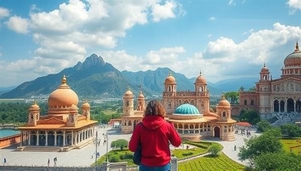 An immersive travel destination setting with a virtual guide leading users on a virtual tour of a scenic location, interactive hotspots highlighting cultural landmarks and local activities, creating a captivating and educational travel exploration experience.