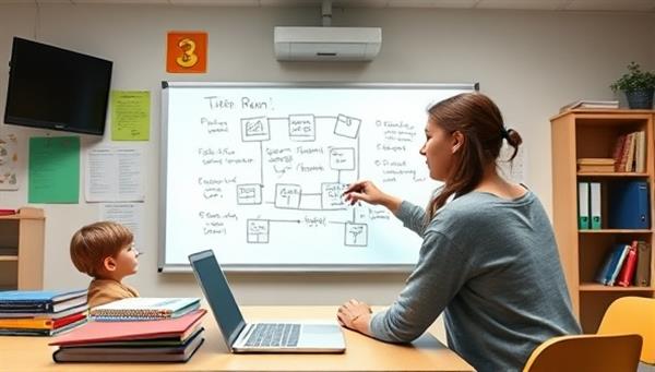 A dynamic virtual classroom setting with a tutor engaging with a student through an interactive online whiteboard, surrounded by educational materials and digital study resources, illustrating personalized learning and academic support.