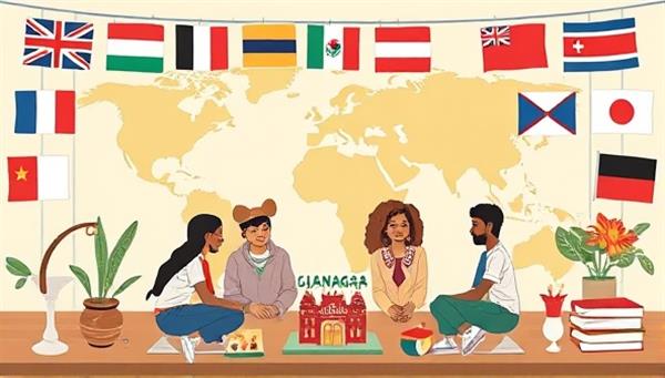 An illustrated global language exchange setting with diverse language flags, virtual language partners engaging in conversation practice, cultural artifacts representing different countries, and a welcoming, inclusive atmosphere that fosters language learning, cross-cultural connections, and linguistic diversity in a digital space.