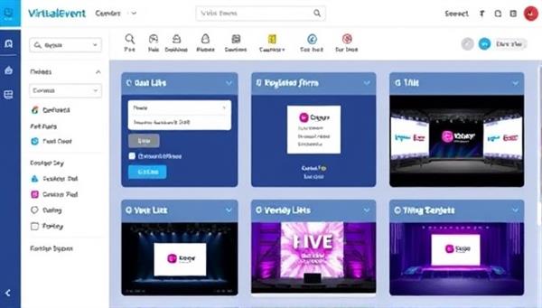 A virtual event planning dashboard displaying various event elements like registration forms, guest lists, and virtual stage setups, conveying professionalism and precision in virtual event execution.