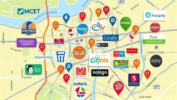 An illustrative depiction of a vibrant neighborhood map dotted with podcast icons and local business logos, symbolizing the interconnectedness of community-focused podcast advertising through NeighborPod Ads.