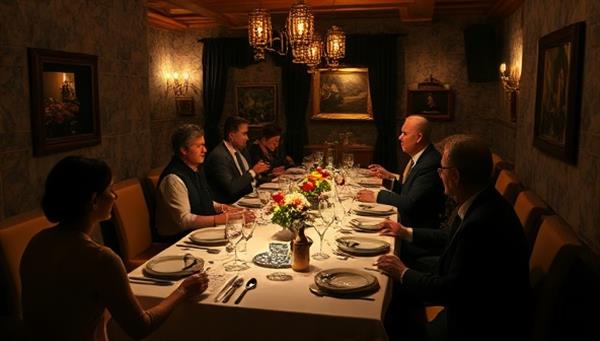 An elegant dining setup in a hidden location with guests enjoying a multi-course meal prepared by a renowned guest chef, surrounded by an air of secrecy and exclusivity.