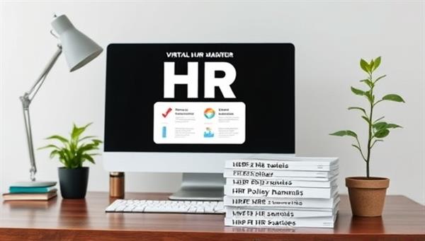 An office desk setup with virtual HR tools on the computer screen, a stack of HR policy manuals, and a plant symbolizing growth and development, conveying professionalism and expertise in virtual HR consulting for startups.