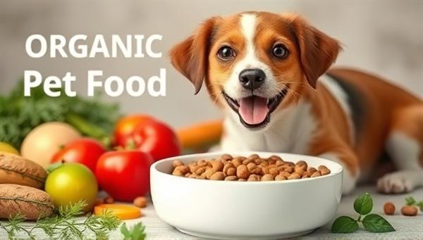 An image of a happy dog or cat enjoying a bowl of organic pet food, surrounded by vibrant and fresh ingredients like fruits and vegetables, conveying the message of healthy and natural nutrition for beloved pets.