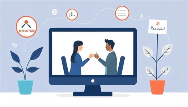 An illustration of two individuals engaging in a virtual mediation session on a screen, surrounded by symbols of resolution and agreement, symbolizing the virtual dispute resolution process and peaceful conflict resolution in a digital setting.
