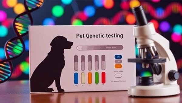 An artistic representation of a pet genetic testing kit with colorful DNA strands, a pet silhouette, and a microscope, symbolizing the scientific and informative aspects of genetic testing for pets, creating a visually engaging and educational image.