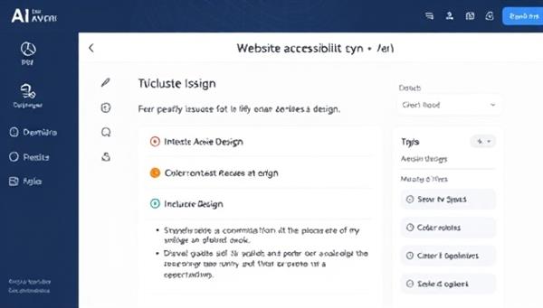 An AI-powered software interface showing a website accessibility scan in progress, highlighting potential issues and recommended fixes, with visuals representing inclusive design elements like alt text and color contrast enhancements.