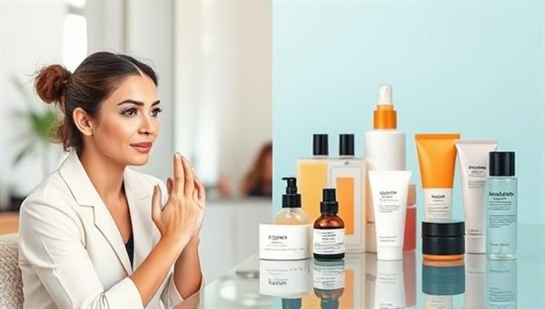 A split-screen image showcasing a beauty expert providing a virtual consultation on one side, while the other side displays a collection of high-quality beauty products, creating a seamless blend of expertise and product recommendations.