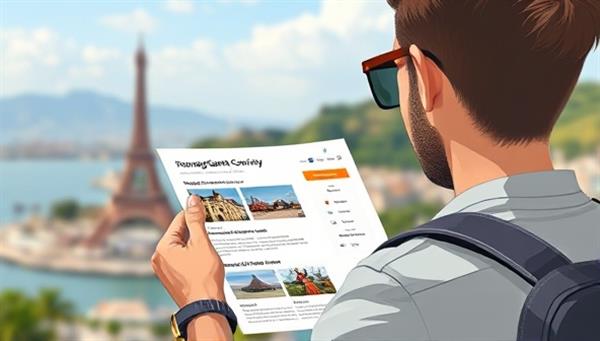 An artistic depiction of a traveler receiving a beautifully designed travel itinerary from JourneyGenie Concierge, with destination photos, activity suggestions, and accommodation details, conveying the personal touch and attention to detail in travel planning offered by the platform.