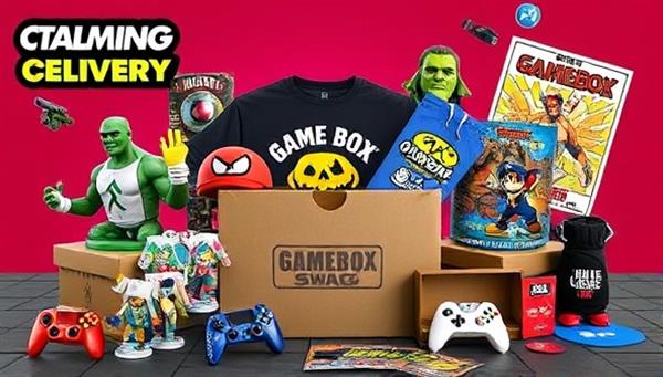 An enticing visual featuring a vibrant collection of gaming merchandise, including figurines, apparel, accessories, and posters, arranged in a stylized subscription box setting, evoking excitement and anticipation for the monthly delivery of exclusive gaming swag from GameBox Swag.