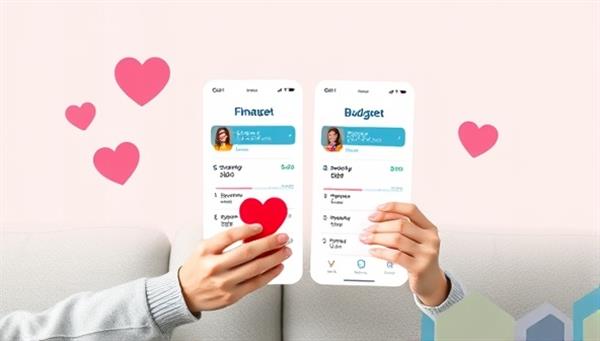 An engaging visual of a couple using the CouplesCents app together, discussing financial goals and budget allocations on a shared screen, with heart icons and progress trackers symbolizing unity and mutual support in financial planning.