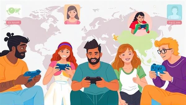 An illustration of diverse gamers from around the world interacting in a virtual space, sharing gaming experiences and forming connections, highlighting the inclusive and vibrant community fostered by GamerConnect.