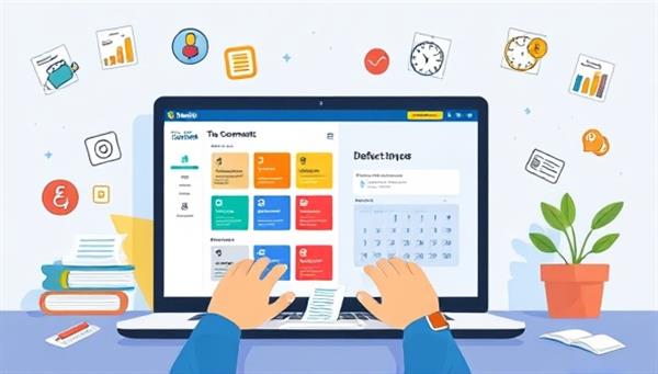 An engaging illustration of a freelancer organizing tax documents on a laptop screen with the TaxMate Freelance platform open, featuring colorful tax categories, deduction tips, and a calendar reminder, surrounded by icons of freelance tools and creative projects, showcasing simplicity and efficiency in managing freelance taxes.