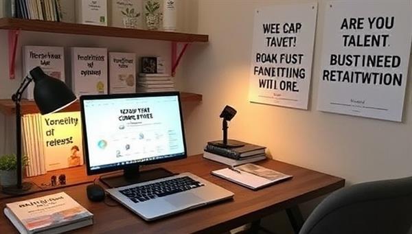 A cozy home office setup with HR manuals, recruitment guides, a laptop displaying HR software, and motivational posters on talent retention, creating a professional and supportive environment for remote HR consulting sessions with startup clients.