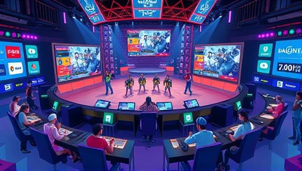 A dynamic digital illustration showcasing an online gaming tournament arena with multiple screens displaying gameplay footage, leaderboards, and cheering avatars of participants in a competitive gaming environment, surrounded by digital banners and logos of popular gaming titles, creating a thrilling and immersive gaming experience.