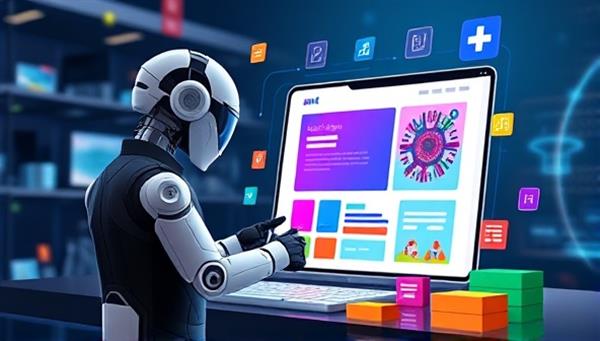 A futuristic interface displaying a virtual assistant constructing a website layout with colorful blocks and graphics, symbolizing the AI-powered website building process.