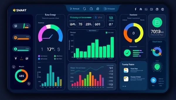 An illustration of a futuristic smart home dashboard displaying real-time energy consumption data, with interactive controls for adjusting settings and optimizing energy usage, highlighting the convenience and eco-friendly nature of the system.