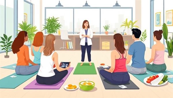 An illustration of a diverse group of employees participating in a wellness workshop led by a consultant, with yoga mats, wellness guides, and healthy snacks in a bright and welcoming office space, promoting a holistic approach to well-being in the workplace.