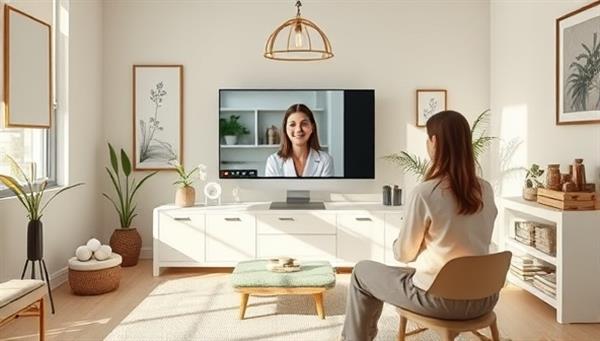 A serene virtual consultation room with a wellness expert engaging with a client through a video call, surrounded by calming decor and wellness resources, conveying a sense of tranquility and professional guidance.
