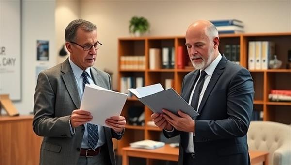 A professional consultant reviewing compliance documents with a business owner in an office setting, surrounded by regulatory manuals and legal documents, symbolizing guidance, expertise, and regulatory adherence.