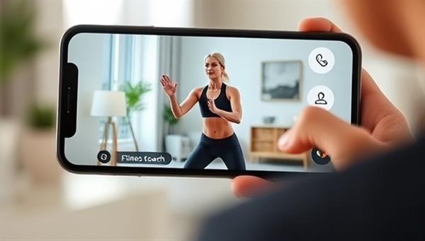 A smartphone displaying a virtual workout session with a fitness coach guiding a client through exercises in a home environment, emphasizing convenience and personalized support.