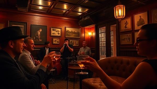 An underground jazz club ambiance with dim lighting, vintage decor, and guests enjoying live jazz music, clinking glasses of artisan cocktails in a cozy and intimate setting, capturing the allure and sophistication of a hidden speakeasy experience.