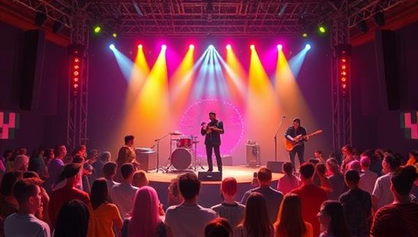 An enticing virtual concert setup with a stage, colorful lights, and a diverse crowd of avatars interacting with virtual musicians, capturing the essence of a dynamic and engaging online music event.