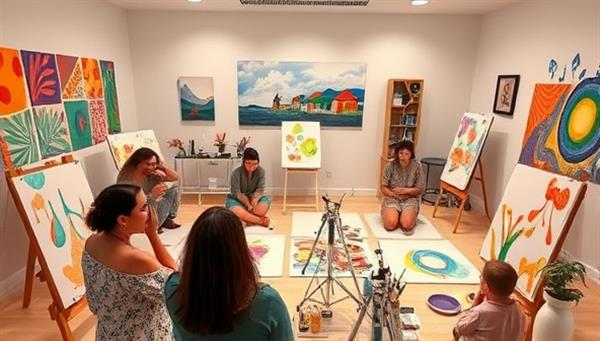 A virtual art studio setting with participants engaged in a calming art therapy session, surrounded by colorful artworks, paintbrushes, and soothing music, depicting a safe and nurturing environment for creative expression and healing.