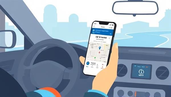 An illustration of a driver using the RoadGuard Online app on a smartphone to request roadside assistance, with a map displaying nearby service providers and a countdown timer for estimated arrival, showcasing the ease and peace of mind offered by the platform.