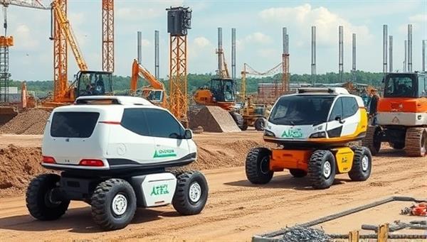 A construction site featuring autonomous construction equipment in action, with self-driving vehicles moving materials, excavating sites, and operating with precision, alongside construction workers monitoring and coordinating the autonomous machinery, illustrating the integration of advanced technology in construction projects.