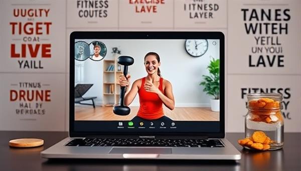 A laptop screen showing a virtual fitness consultation in progress, with a trainer guiding a client through an exercise routine via video call, surrounded by motivational fitness quotes and healthy snacks, creating a dynamic and inspiring virtual fitness environment.